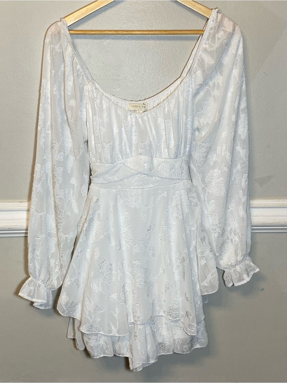 Y2K White Long-Sleeve Floral Textured Mini Dress by For Love & Lemons